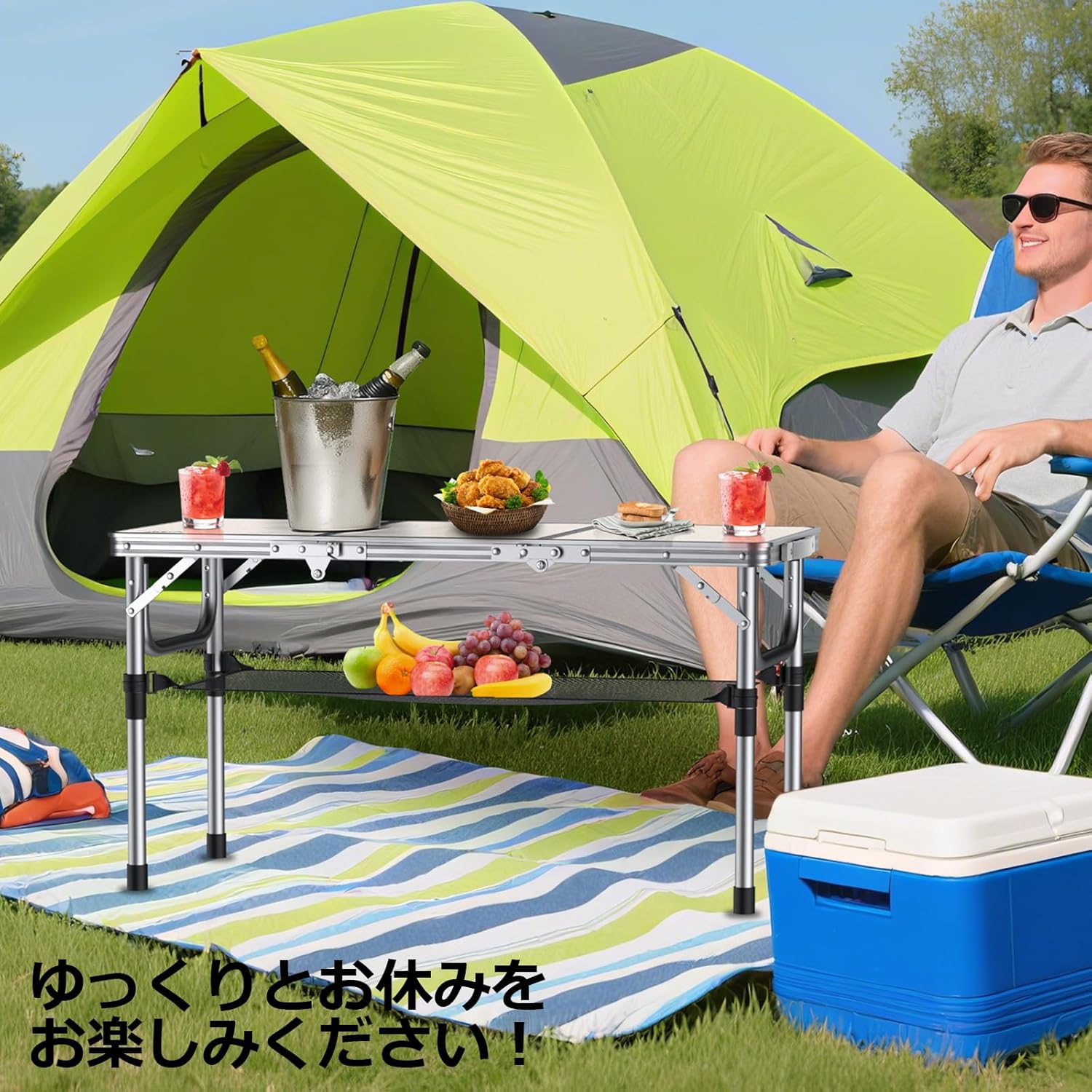 Anbte キャンプ折りたたみテーブル 3フィート 三つ折りアルミニウムキャンプテーブル 高さ調節可能 最大27.5インチ ポータブルテーブル 収納ネットと収納バッグ付き 屋外屋内 裏庭 BBQ ピクニック キャンプ用 (銀色)